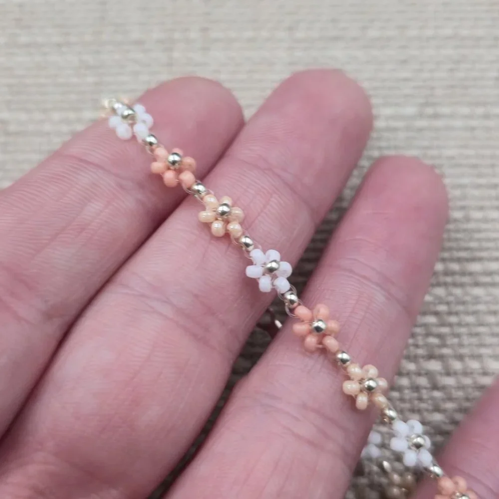 7 Inch Sterling Silver Small Bead Flowers Handmade Bracelet A6774 - Picture 3 of 7